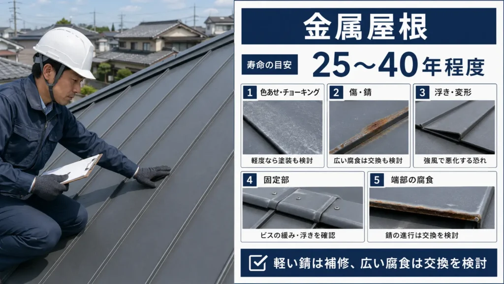 金属屋根の寿命目安と、色あせ・錆・変形・固定部の劣化などの点検ポイントを示した画像