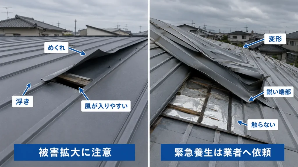 台風で金属屋根がめくれたり変形した状態と、注意点を示した画像