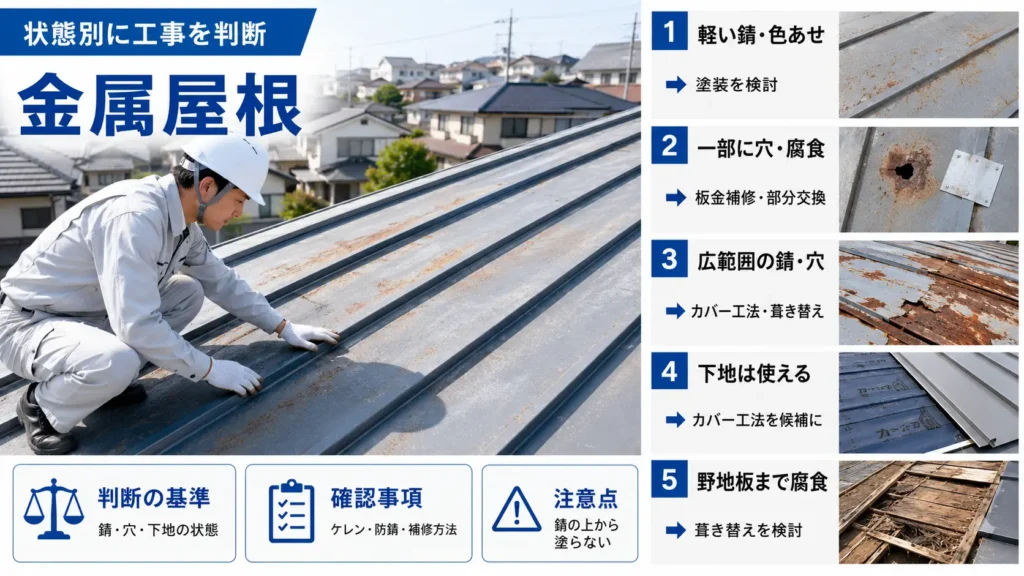 金属屋根の錆や穴、下地の状態に応じた塗装・板金補修・カバー工法・葺き替えの判断を示した画像