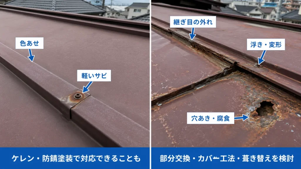 金属屋根の色あせ・軽い錆と、継ぎ目の外れ・変形・穴あき腐食を比較した画像