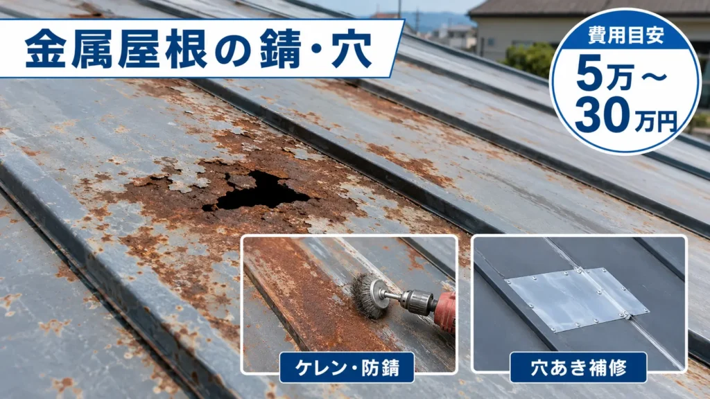 錆や穴が発生した金属屋根の状態と、ケレン・防錆や穴あき補修の方法、費用目安5万〜30万円を示した本文挿入画像