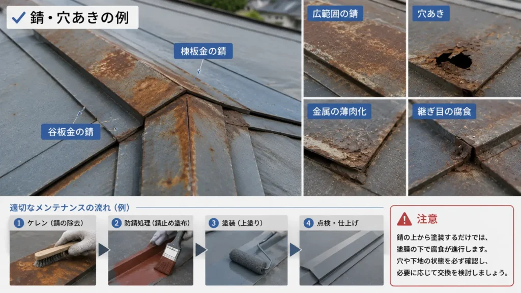 金属屋根や棟板金の錆・穴あき・継ぎ目の腐食と補修工程を示した画像