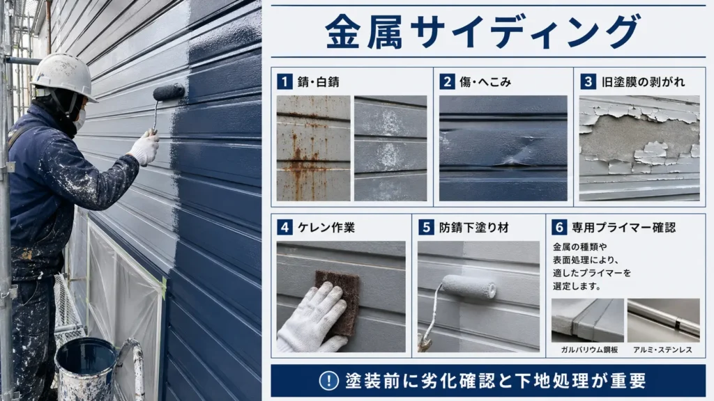 金属サイディングの錆・傷・旧塗膜を確認し、ケレンや防錆下塗りを行うポイントを示した画像