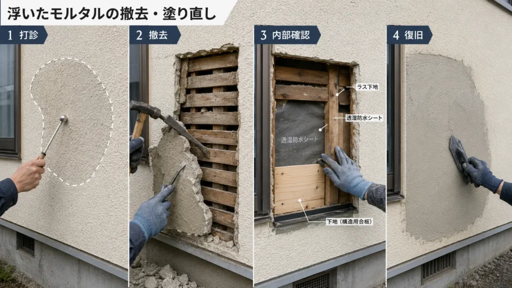 浮いたモルタルを打診で確認し、撤去・内部確認・復旧までの補修手順を4段階で示した画像
