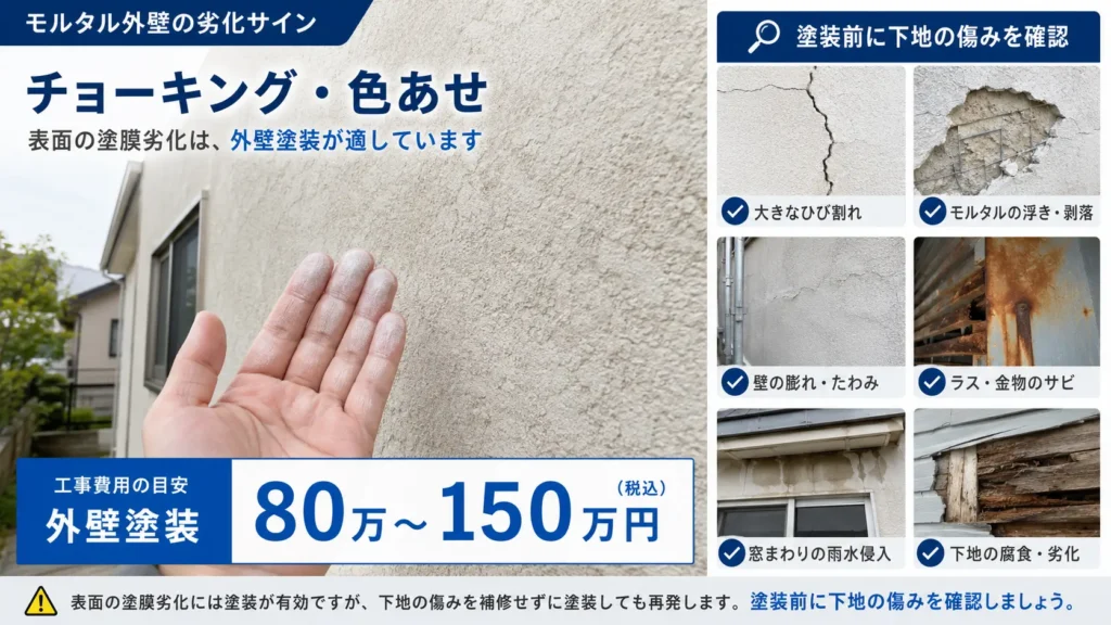 モルタル外壁のチョーキングや色あせと、塗装前に確認したいひび割れ・浮き・雨漏り・下地劣化を示した画像