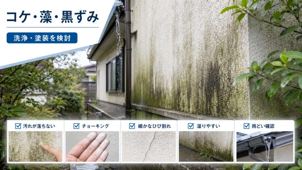 モルタル外壁のコケ・藻・黒ずみと、洗浄や塗装前に確認したい劣化サインを示した画像