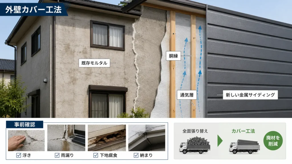 既存モルタル外壁の上に胴縁と金属サイディングを施工するカバー工法と、施工前の確認点を示した画像