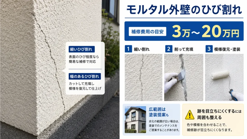 モルタル外壁のひび割れについて、細い割れと幅のある割れの違い、削って充填・模様復元・塗装の流れ、補修費用3万〜20万円の目安を写真付きで示した画像