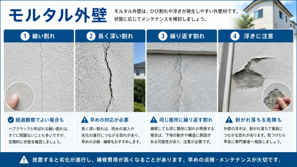 モルタル外壁に発生する細いひび割れ、長く深いひび割れ、同じ場所で繰り返す割れ、剥がれ落ちる危険がある浮きの症状を写真付きで示した画像