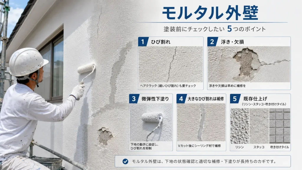 モルタル外壁のひび割れ・浮き・欠損補修と、下塗り材や既存仕上げの確認点を示した画像