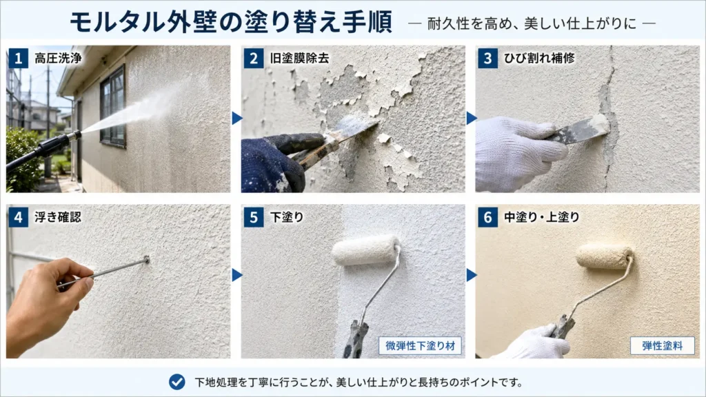 モルタル外壁の高圧洗浄から下地補修、下塗り、中塗り・上塗りまでの塗り替え手順を示した画像