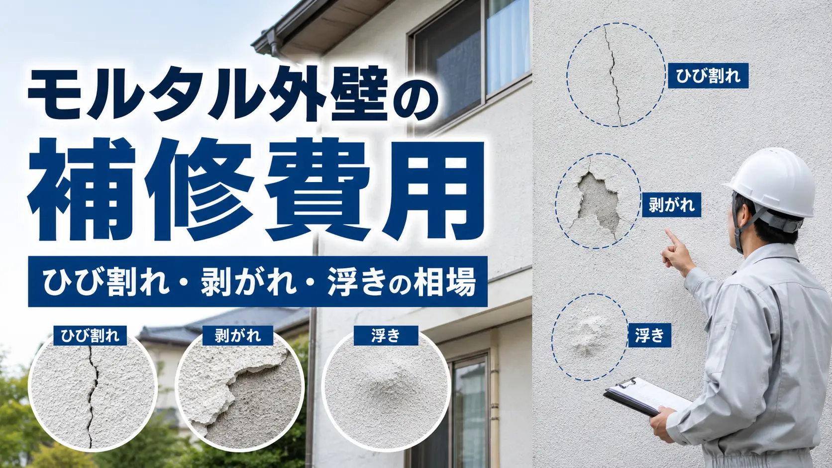モルタル外壁のひび割れ・剥がれ・浮きと補修費用の相場を示したアイキャッチ画像