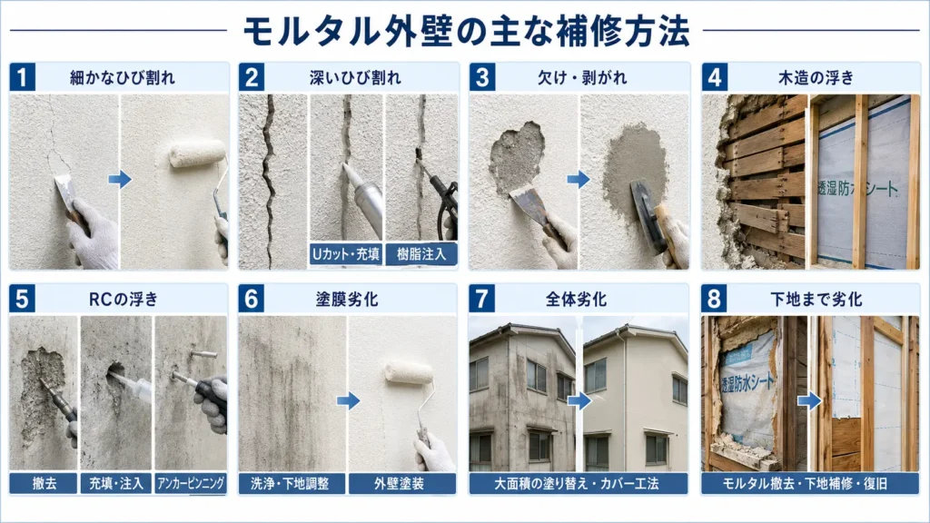 モルタル外壁の細かなひび割れ、深いひび割れ、欠け、浮き、塗膜劣化、下地劣化などに対応する主な補修方法を示した画像