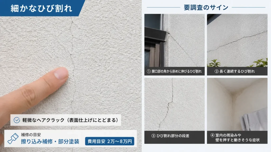 モルタル外壁の細かなヘアクラックと、要調査のひび割れサイン、補修費用の目安を示した画像
