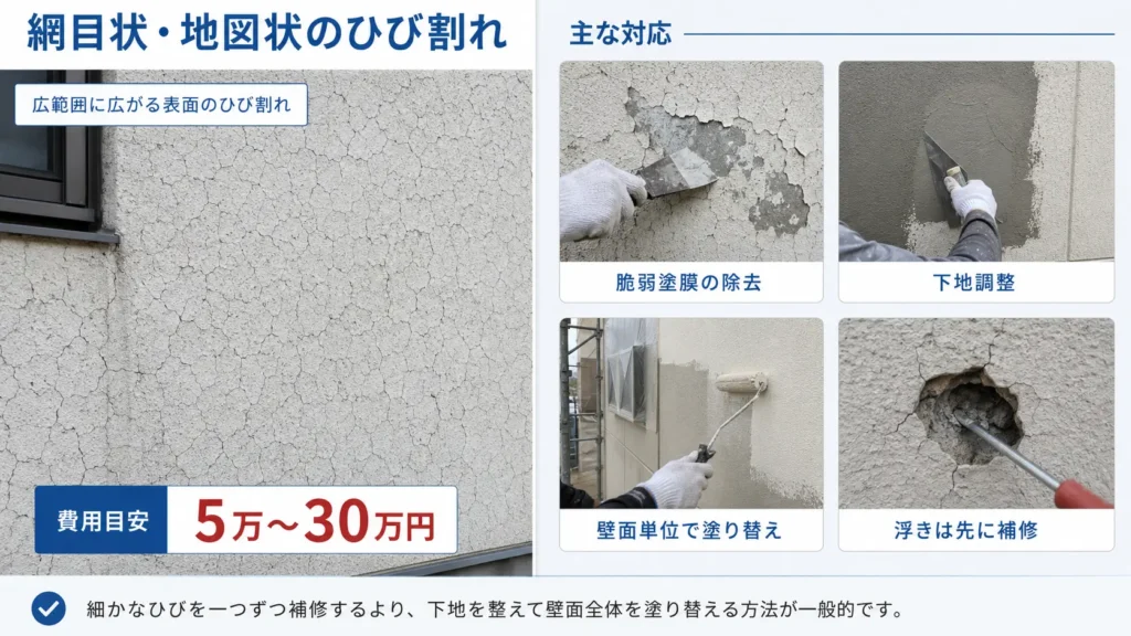 モルタル外壁の網目状・地図状のひび割れと、主な対応方法、補修費用の目安を示した画像