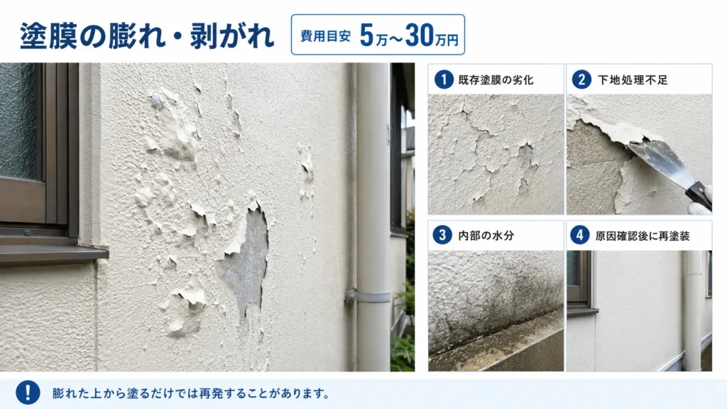 モルタル外壁の塗膜の膨れや剥がれと、主な原因、再塗装前の確認ポイント、補修費用の目安を示した画像