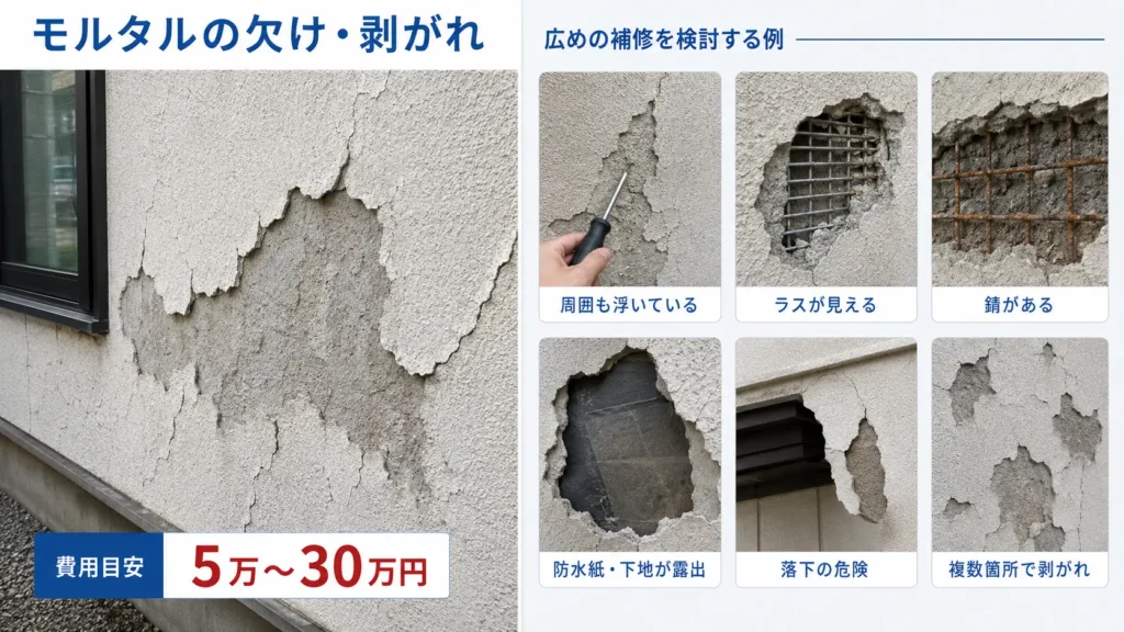 モルタル外壁の欠けや剥がれと、周辺の浮き・ラス露出・錆・下地露出など補修判断のポイントを示した画像