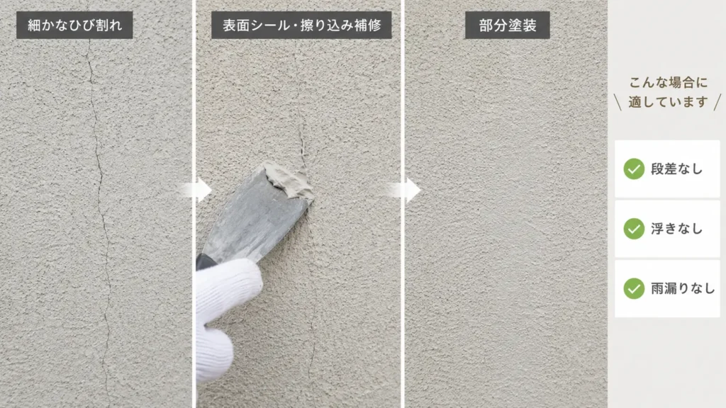 モルタル外壁の細かなひび割れに対する表面シール・擦り込み補修と部分塗装の流れを示した画像