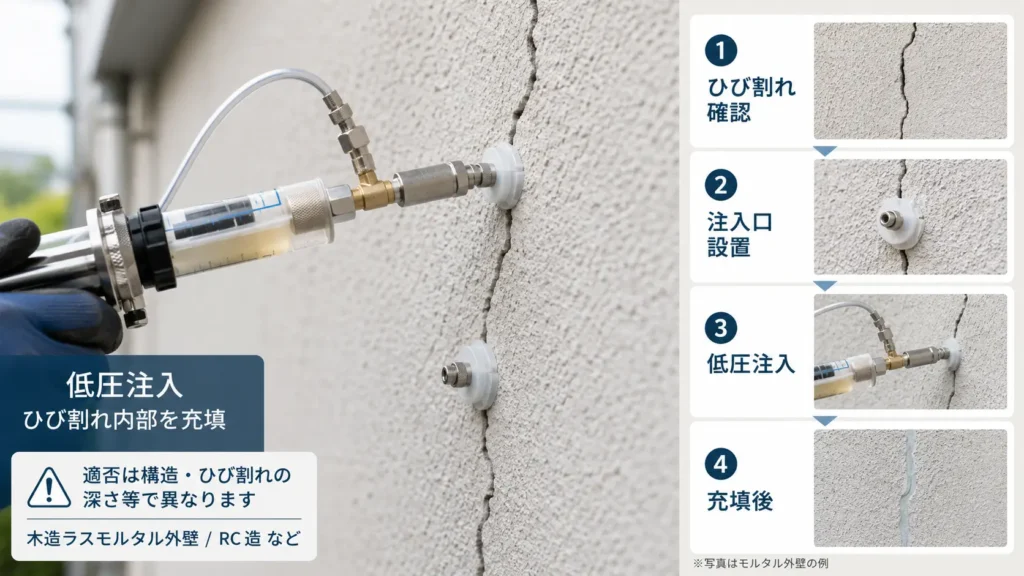 モルタル外壁のひび割れに対して、注入口を設置して低圧で樹脂を注入する補修方法を示した画像