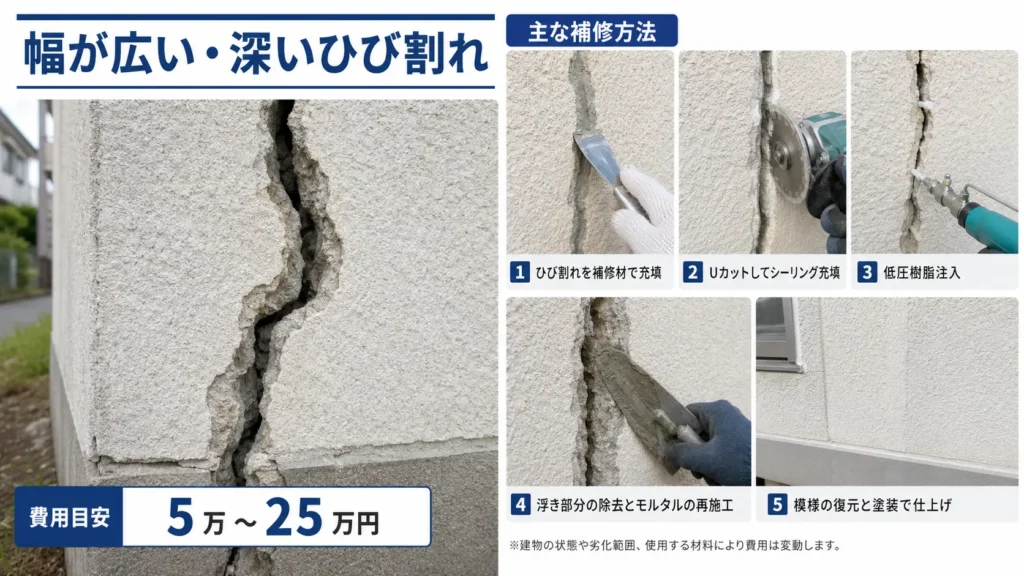 モルタル外壁の幅が広い・深いひび割れと、主な補修方法、費用目安を示した画像