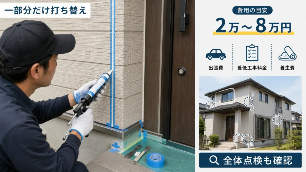 外壁コーキングの部分打ち替えと費用目安を示したガイド画像