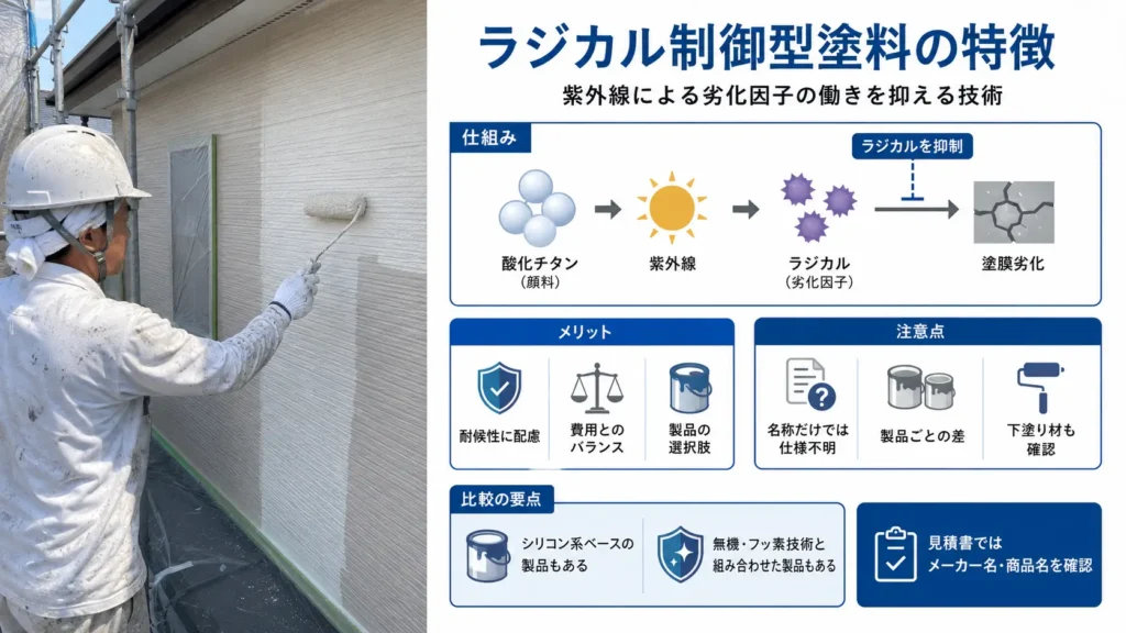 ラジカル制御型塗料の劣化抑制の仕組みと、耐候性・価格・製品選びの注意点を示した画像