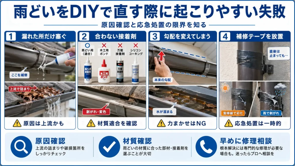 雨どいをDIYで修理する際に起こりやすい、漏れた場所だけを塞ぐ、材質に合わない接着剤を使う、勾配を変える、補修テープを放置する失敗例を示した画像