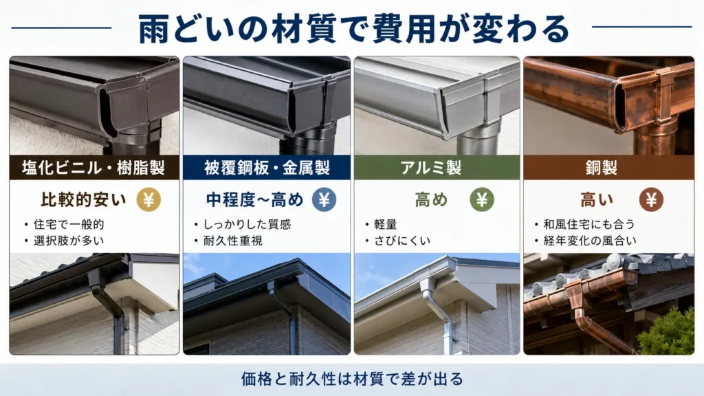 雨どいの材質ごとの違いを、塩化ビニル・樹脂製、被覆鋼板・金属製、アルミ製、銅製の価格帯や特徴とあわせて写真付きで比較した画像