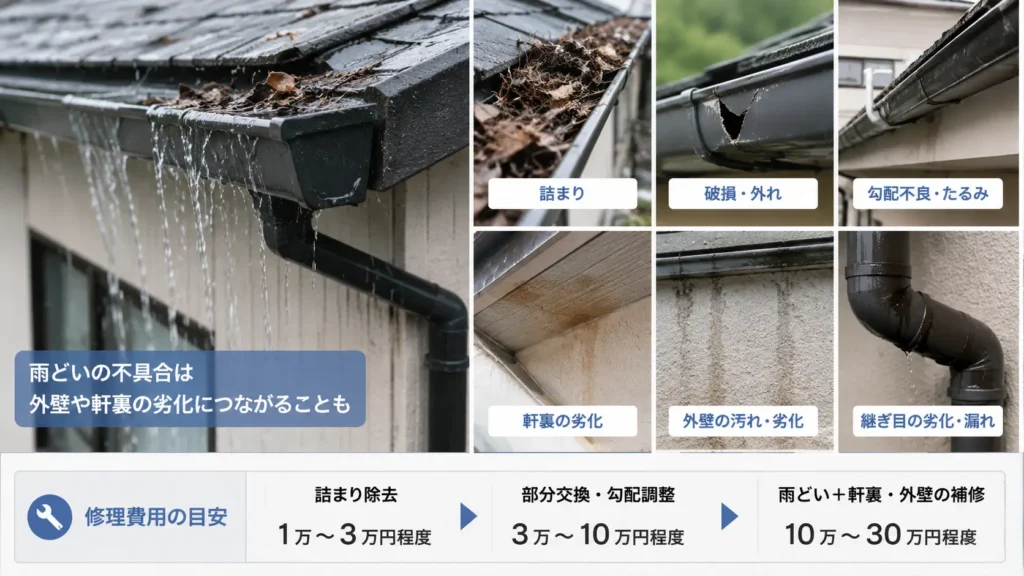 雨どいの詰まり、破損、勾配不良によって雨水があふれ、軒裏や外壁が劣化する状態と修理費用の目安を示した画像