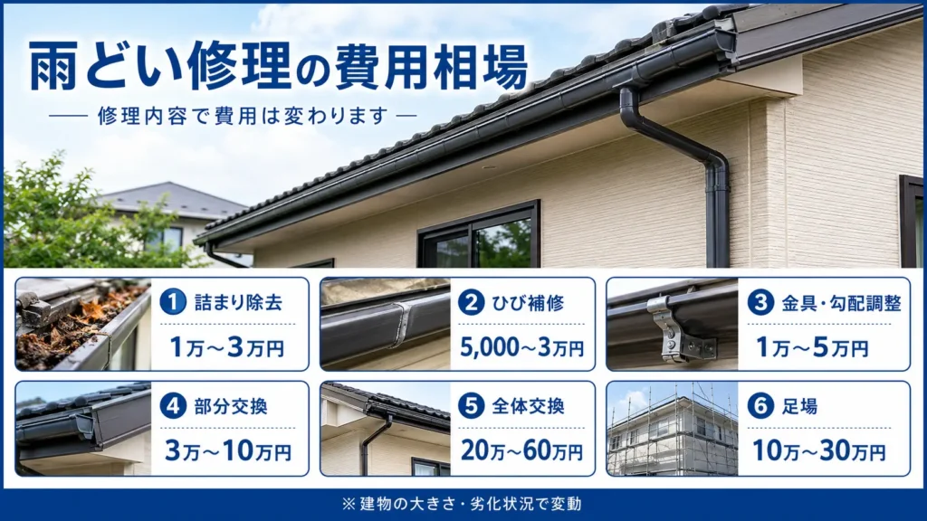 雨どい修理の費用相場を、詰まり除去・ひび補修・金具調整・部分交換・全体交換・足場の修理内容別に写真付きで示した画像