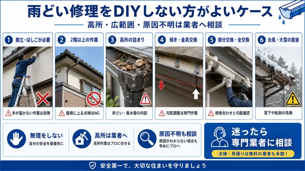 雨どい修理をDIYしない方がよいケースとして、脚立やはしごを使う作業、2階以上、高所の詰まり、勾配調整、交換作業、台風や大雪直後の危険を示した画像
