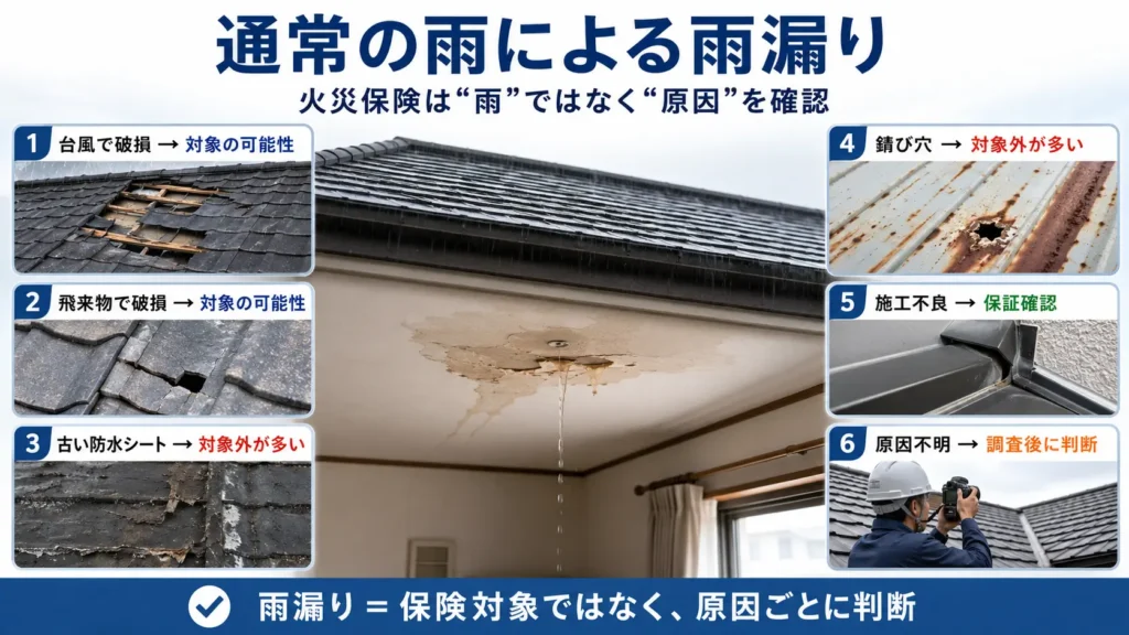 雨漏りの原因別に、火災保険の対象になる可能性と対象外になりやすいケースを比較した画像