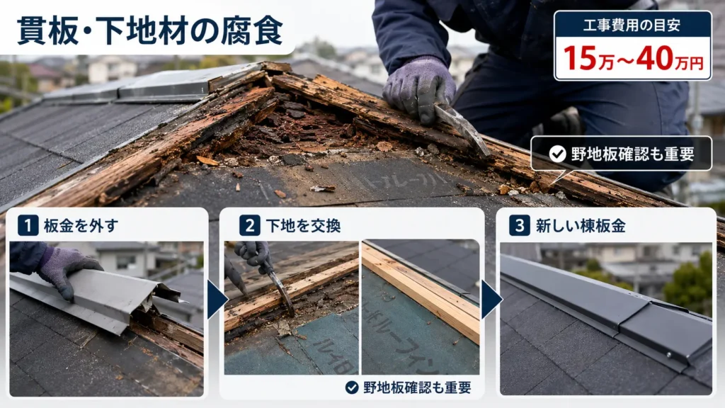 棟板金の下にある貫板や下地材の腐食と交換修理の流れ、費用目安を示した画像
