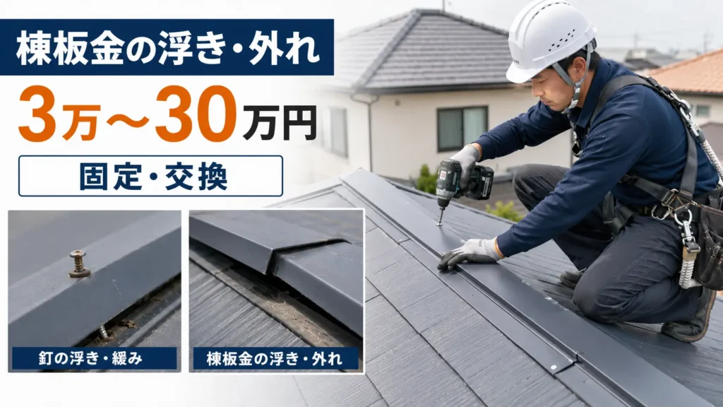棟板金の浮きや外れ、釘の浮きの症状と、固定・交換による修理費用の目安を写真風で分かりやすく示した画像