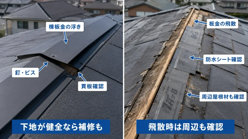 棟板金の浮きと飛散後の状態、防水シートや周辺屋根材の確認箇所を示した画像