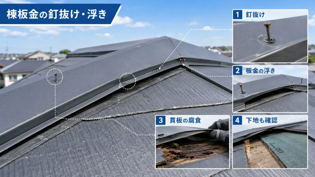 棟板金の釘抜けや浮き、内部の貫板の腐食や下地の確認箇所を示した画像