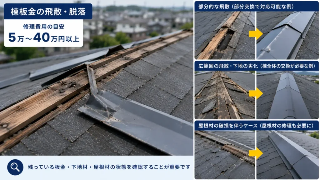棟板金の飛散・脱落と部分交換や全体交換の修理例を示した画像