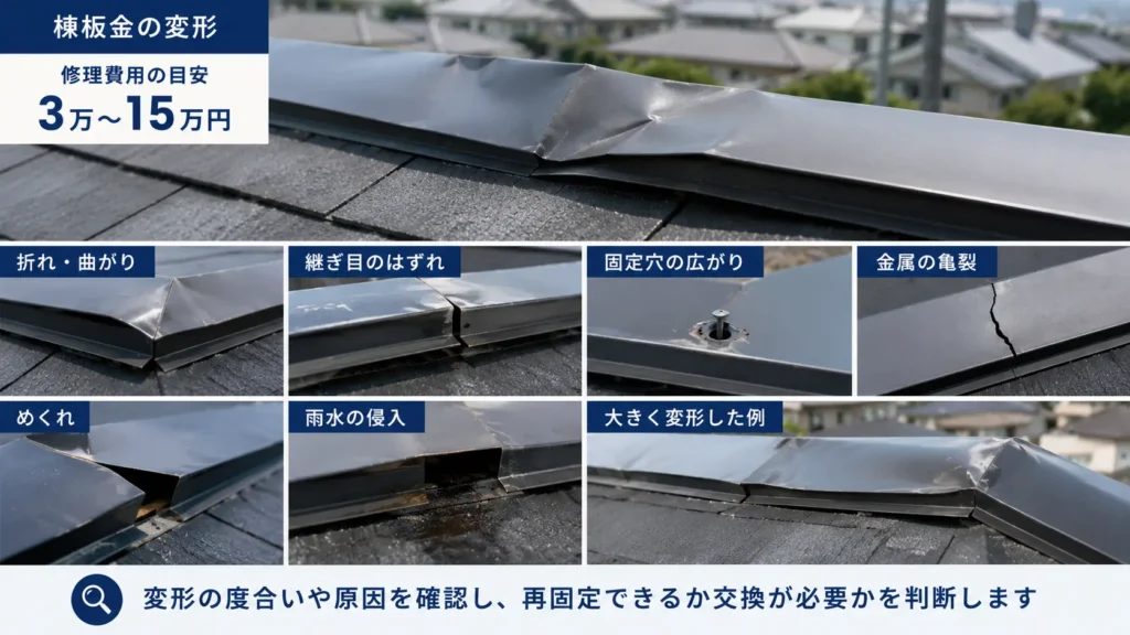 棟板金の折れ・めくれ・亀裂などの変形と修理費用の目安を示した画像