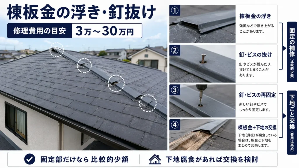 棟板金の浮きや釘・ビスの抜けと、再固定・下地交換の修理方法を示した画像