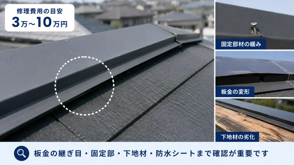 棟板金の軽い浮きと固定部・下地材の点検箇所を示した画像