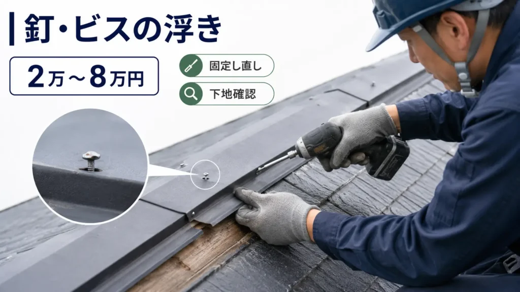 棟板金の釘やビスの浮きと補修費用の目安を示した画像