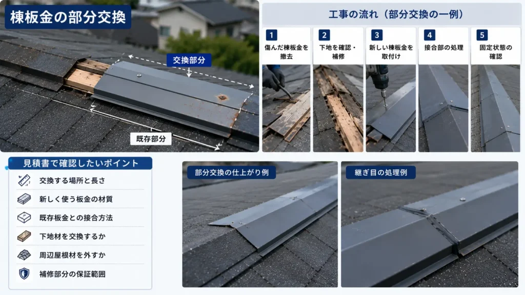傷んだ棟板金を部分交換する工事の流れと継ぎ目の処理を示した画像