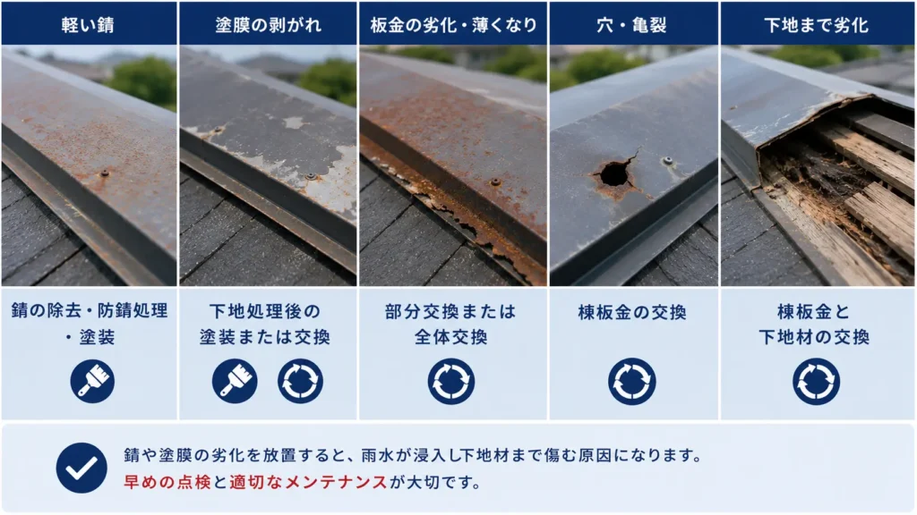 棟板金の錆や塗膜剥がれの進行状態と修理方法を比較した画像