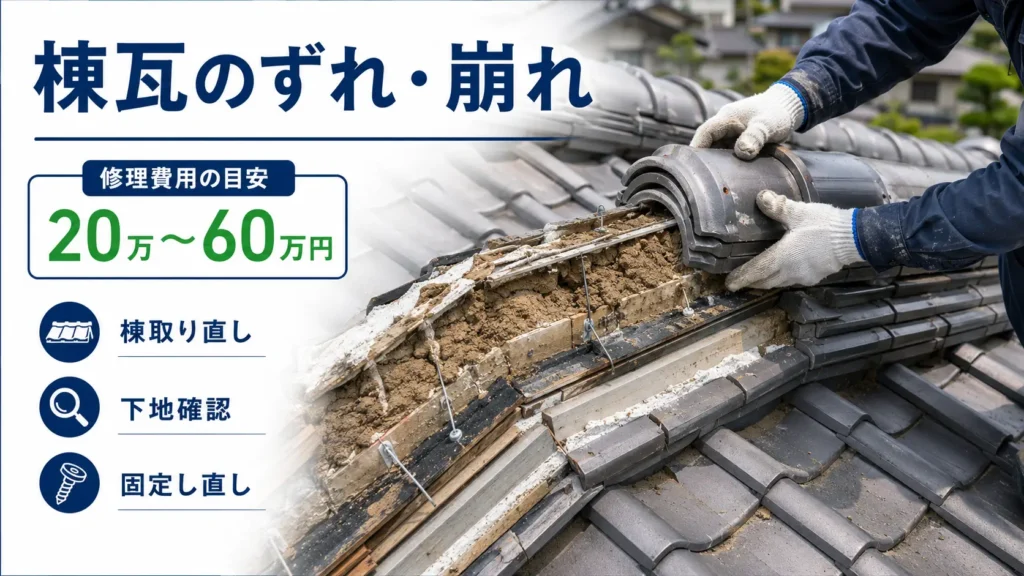 棟瓦のずれや崩れの修理内容と費用目安を示した画像