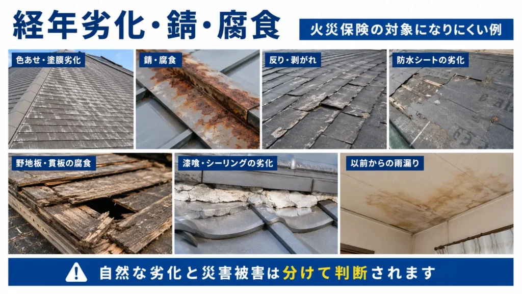 屋根の色あせ・錆・反り・下地腐食など火災保険の対象になりにくい経年劣化を示した画像