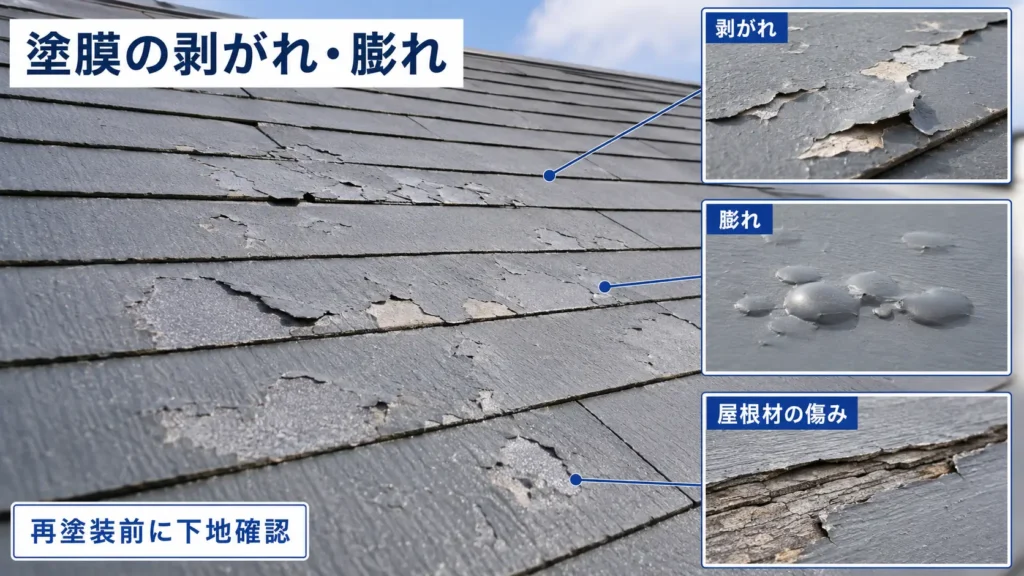 屋根の塗膜の剥がれや膨れと、屋根材本体の傷みを比較した解説画像