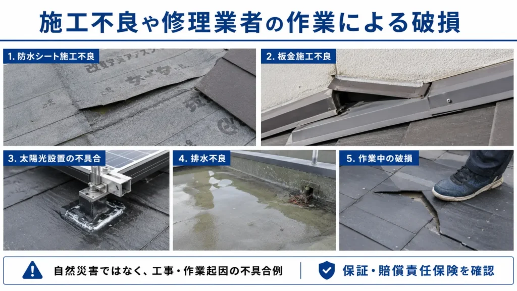 防水シートや板金の施工不良、太陽光設置、排水不良、作業中の屋根材破損を示した画像