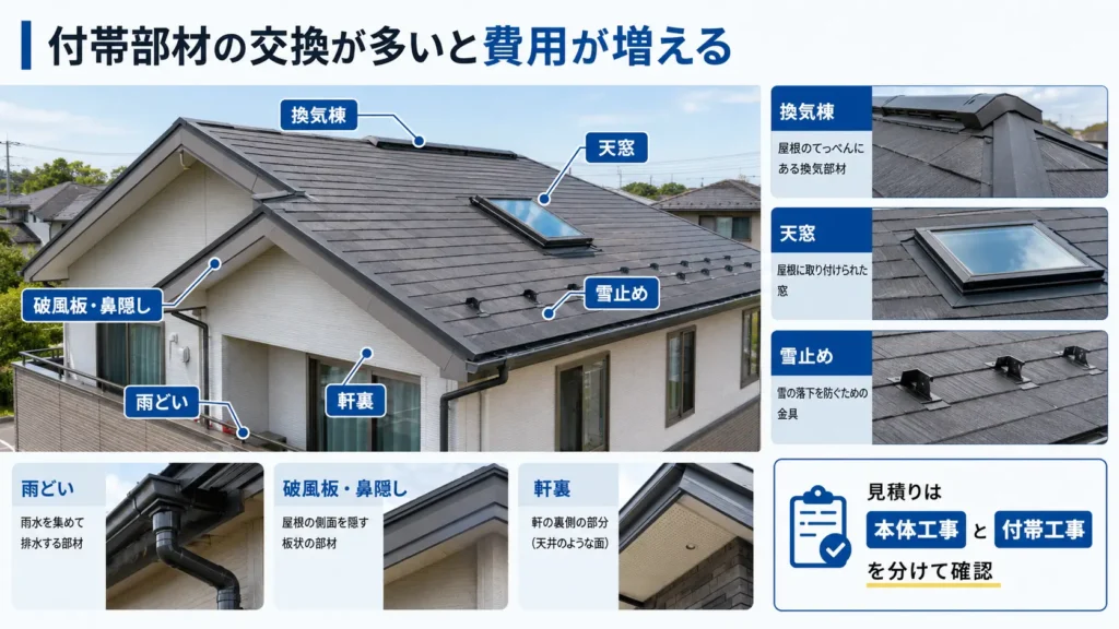 屋根カバー工法で費用が増えやすい付帯部材として、雨どい・破風板と鼻隠し・軒裏・換気棟・雪止め・天窓の位置と役割を写真付きで示した画像