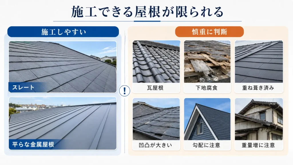 屋根カバー工法を施工しやすい屋根と、瓦屋根・下地腐食・重ね葺き済みなど慎重な判断が必要な屋根の例を写真付きで比較した画像