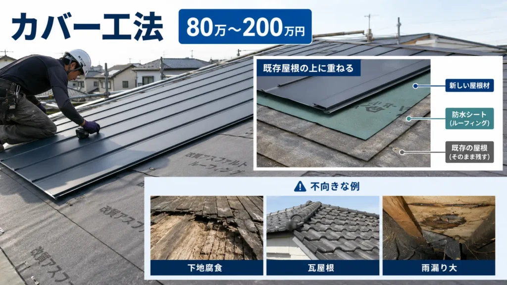 既存屋根の上に防水シートと新しい屋根材を重ねるカバー工法の構造、費用目安80万〜200万円、不向きな屋根の例を示した画像